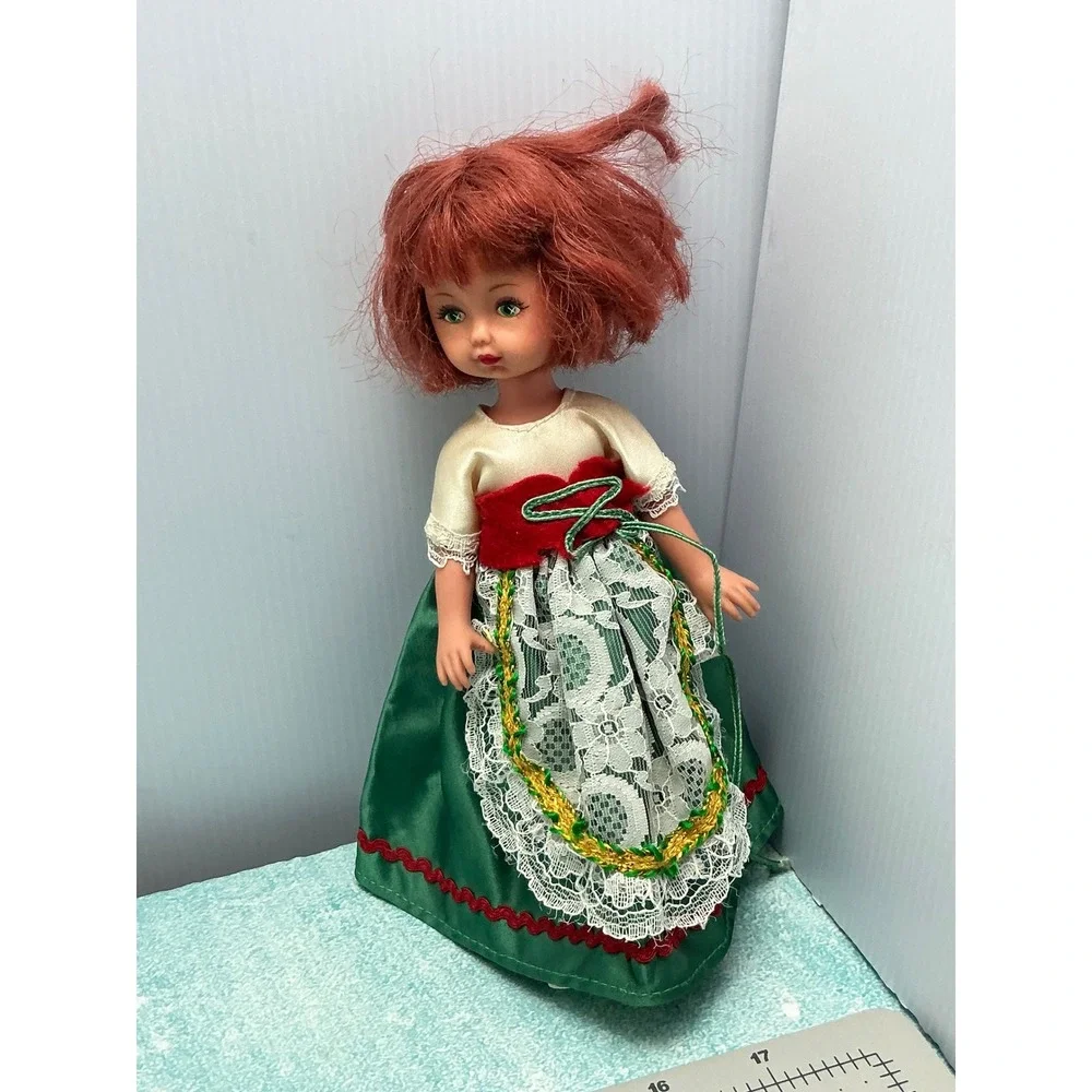 Vintage Miniature Doll Red Hair Green Sleep Eyes Folk Green Dress 7.5 Inch